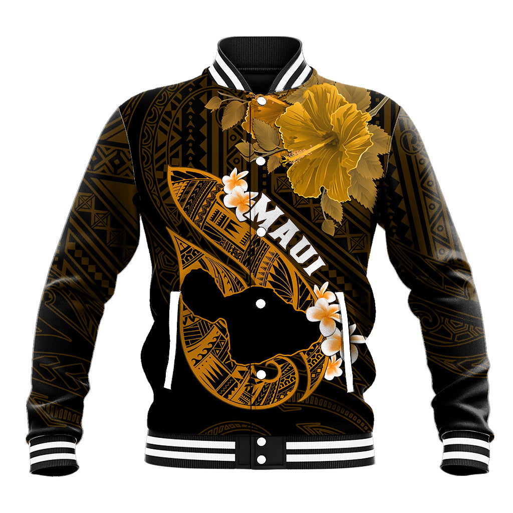 Personalized Hawaii Maui Baseball Jacket Polynesian Fish Hook Hibiscus Gold Version LT05 Unisex Gold - Polynesian Pride
