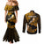 Personalized Hawaii Maui Couples Matching Mermaid Dress and Long Sleeve Button Shirts Polynesian Fish Hook Hibiscus Gold Version LT05 - Polynesian Pride