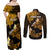 Personalized Hawaii Maui Couples Matching Off Shoulder Maxi Dress and Long Sleeve Button Shirts Polynesian Fish Hook Hibiscus Gold Version LT05 - Polynesian Pride