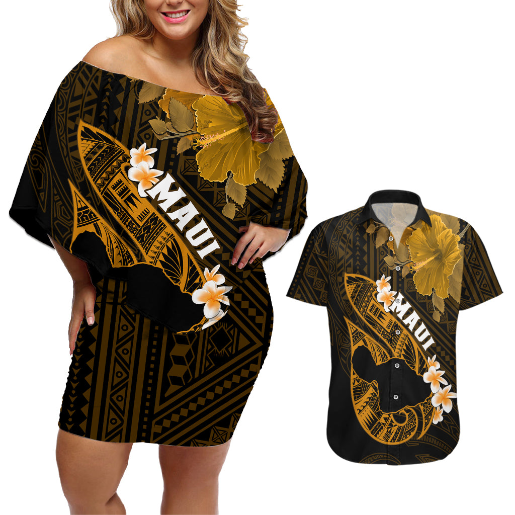 Personalized Hawaii Maui Couples Matching Off Shoulder Short Dress and Hawaiian Shirt Polynesian Fish Hook Hibiscus Gold Version LT05 Gold - Polynesian Pride