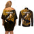 Personalized Hawaii Maui Couples Matching Off Shoulder Short Dress and Long Sleeve Button Shirts Polynesian Fish Hook Hibiscus Gold Version LT05 - Polynesian Pride