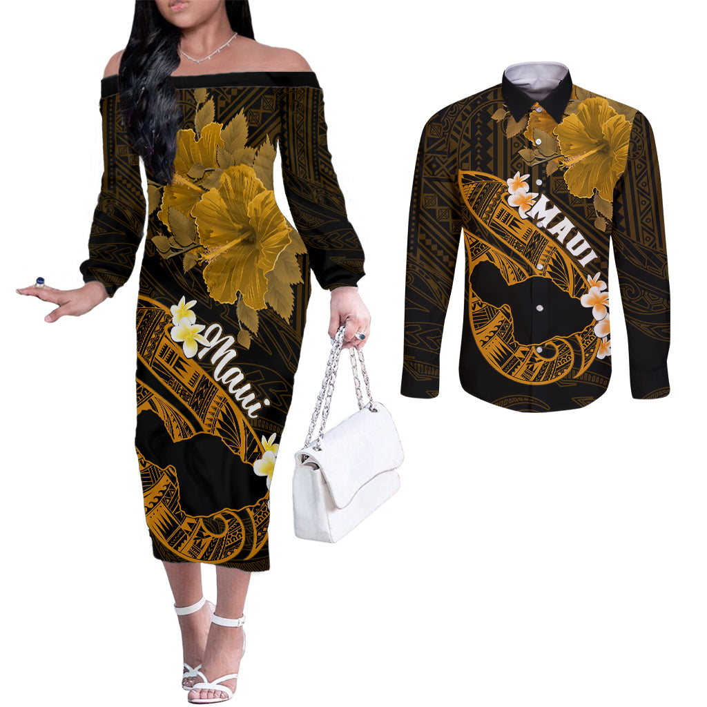 Personalized Hawaii Maui Couples Matching Off The Shoulder Long Sleeve Dress and Long Sleeve Button Shirts Polynesian Fish Hook Hibiscus Gold Version LT05 Gold - Polynesian Pride
