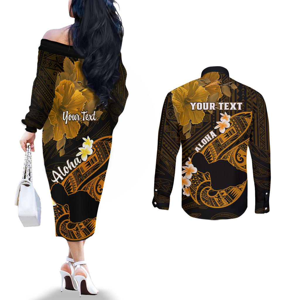 Personalized Hawaii Maui Couples Matching Off The Shoulder Long Sleeve Dress and Long Sleeve Button Shirts Polynesian Fish Hook Hibiscus Gold Version LT05 - Polynesian Pride