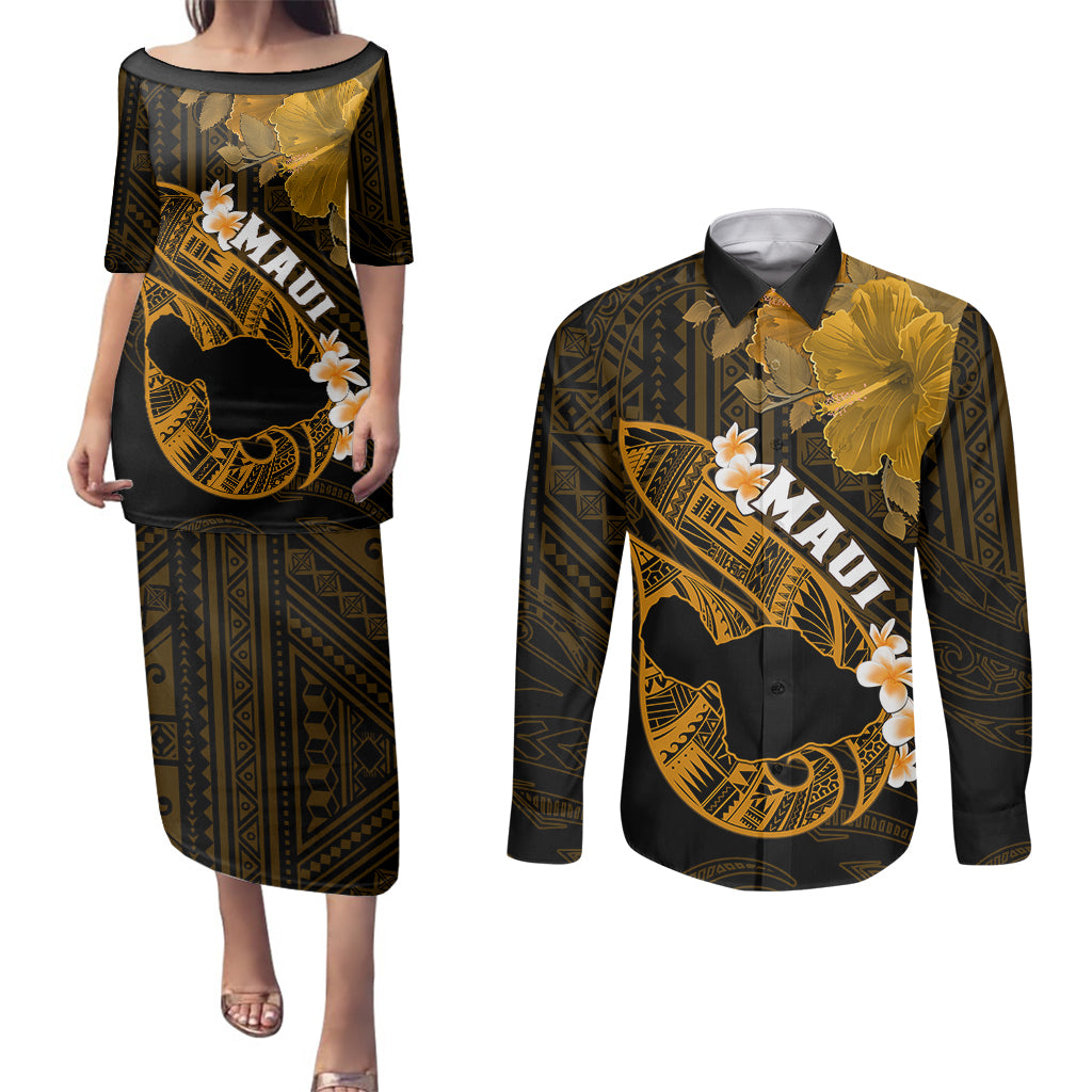 Personalized Hawaii Maui Couples Matching Puletasi Dress and Long Sleeve Button Shirts Polynesian Fish Hook Hibiscus Gold Version LT05 Gold - Polynesian Pride
