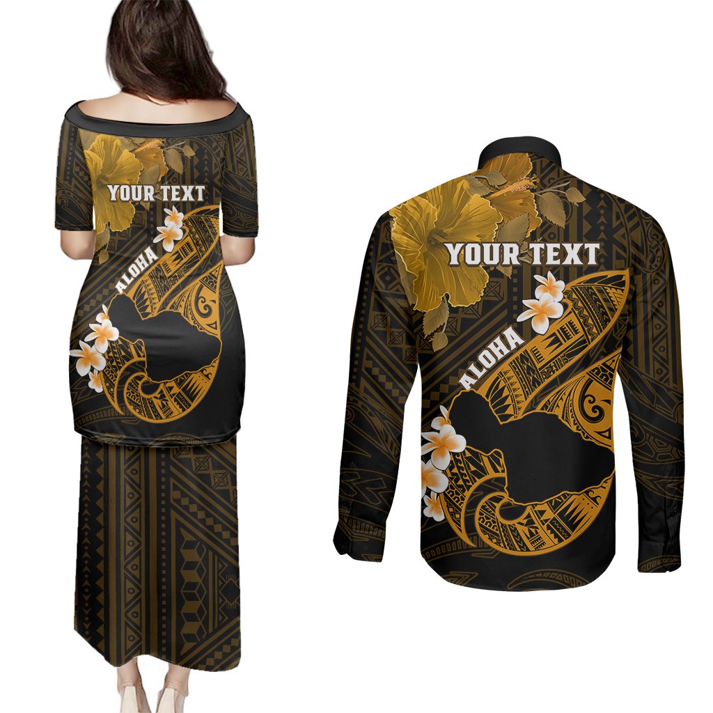 Personalized Hawaii Maui Couples Matching Puletasi Dress and Long Sleeve Button Shirts Polynesian Fish Hook Hibiscus Gold Version LT05 - Polynesian Pride
