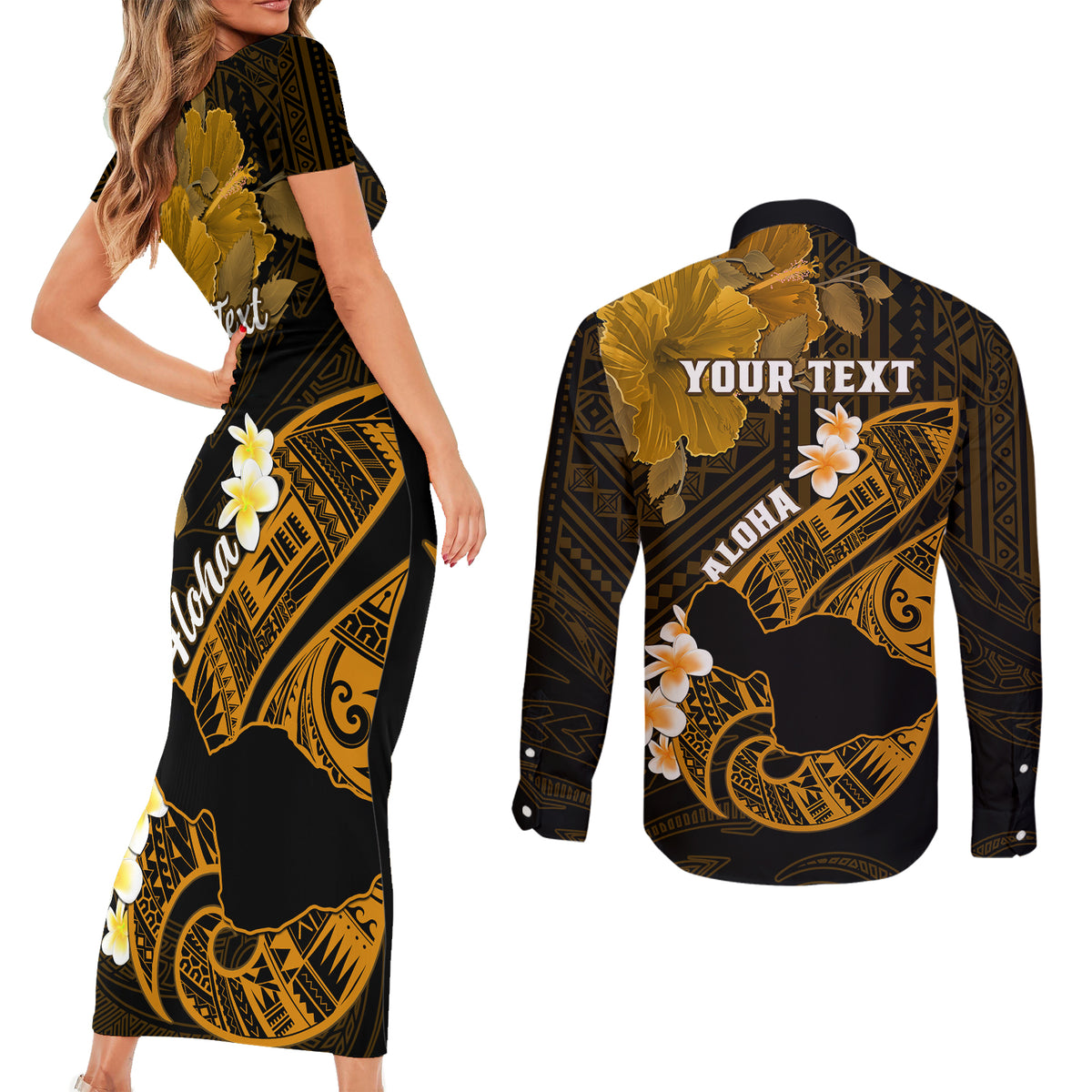 Personalized Hawaii Maui Couples Matching Short Sleeve Bodycon Dress and Long Sleeve Button Shirts Polynesian Fish Hook Hibiscus Gold Version LT05 - Polynesian Pride