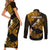 Personalized Hawaii Maui Couples Matching Short Sleeve Bodycon Dress and Long Sleeve Button Shirts Polynesian Fish Hook Hibiscus Gold Version LT05 - Polynesian Pride