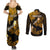 Personalized Hawaii Maui Couples Matching Summer Maxi Dress and Long Sleeve Button Shirts Polynesian Fish Hook Hibiscus Gold Version LT05 - Polynesian Pride