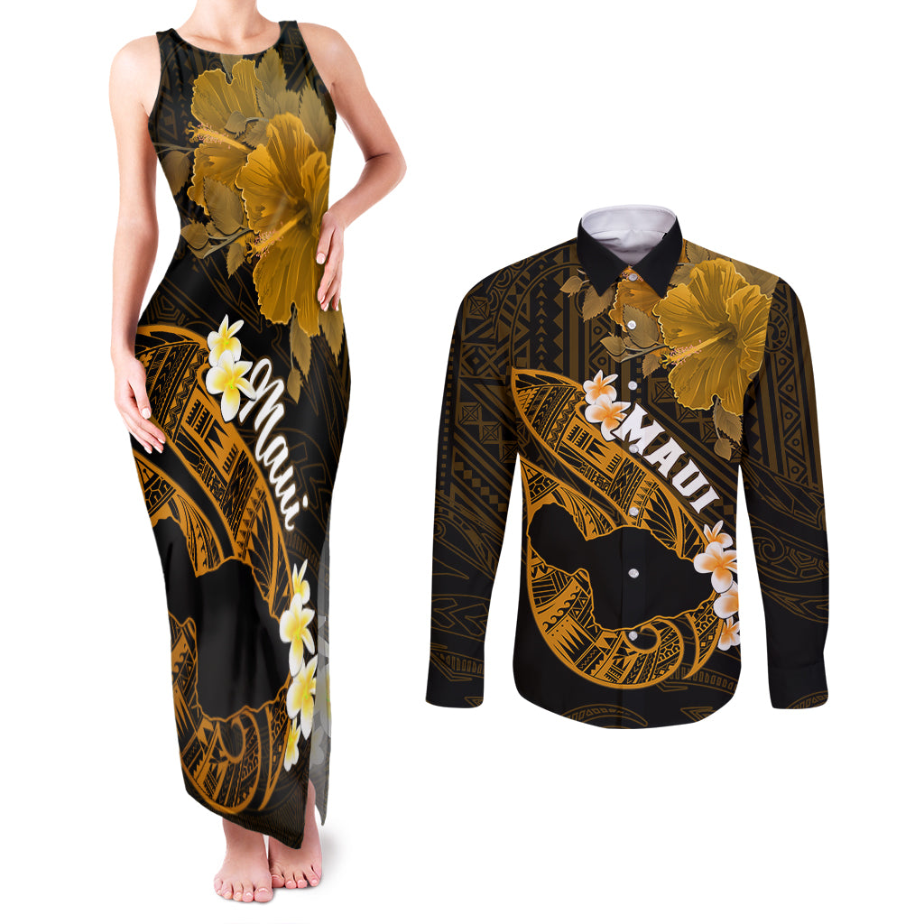 Personalized Hawaii Maui Couples Matching Tank Maxi Dress and Long Sleeve Button Shirts Polynesian Fish Hook Hibiscus Gold Version LT05 Gold - Polynesian Pride