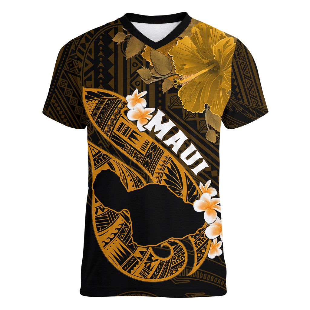 Personalized Hawaii Maui Women V Neck T Shirt Polynesian Fish Hook Hibiscus Gold Version LT05 Female Gold - Polynesian Pride