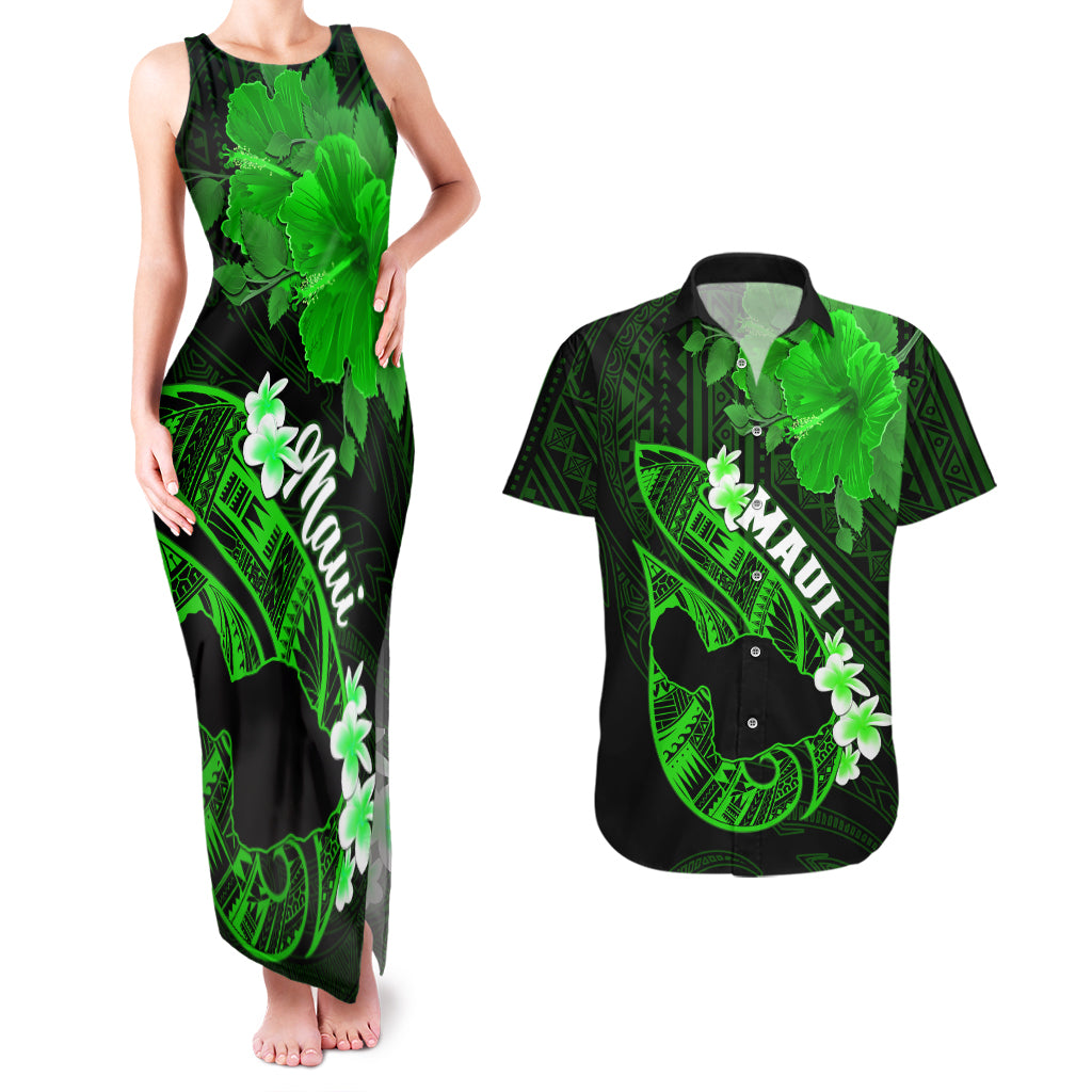 Hawaii Maui Couples Matching Tank Maxi Dress and Hawaiian Shirt Polynesian Fish Hook Hibiscus Green Version LT05 Green - Polynesian Pride