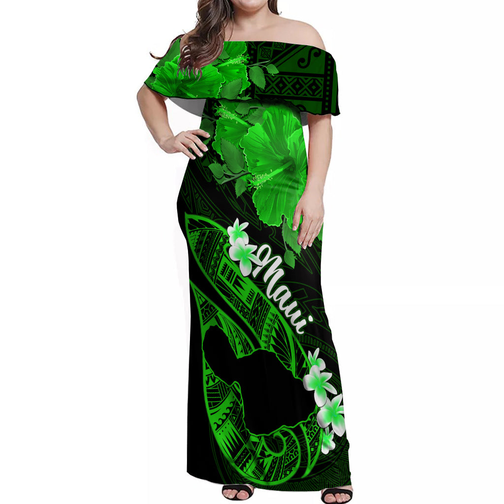 Hawaii Maui Off Shoulder Maxi Dress Polynesian Fish Hook Hibiscus Green Version LT05 Women Green - Polynesian Pride