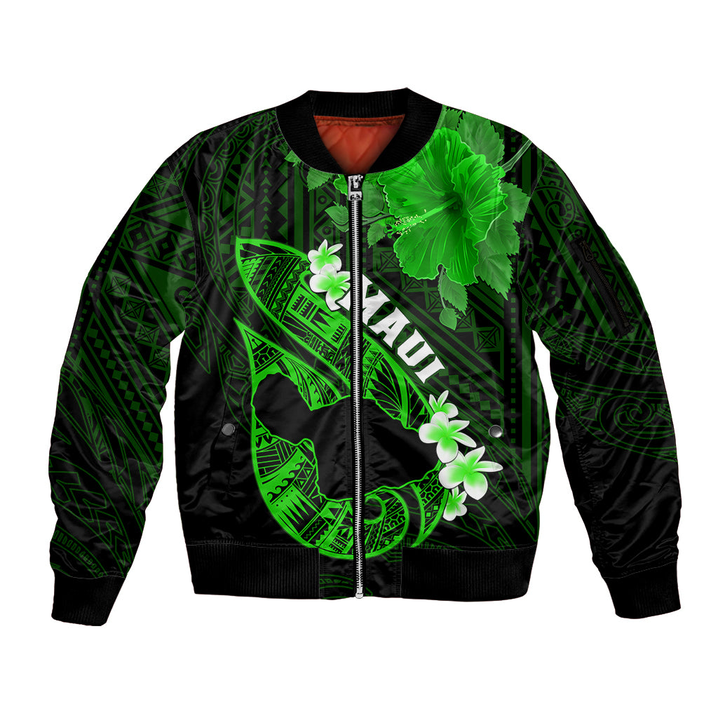 Hawaii Maui Sleeve Zip Bomber Jacket Polynesian Fish Hook Hibiscus Green Version LT05 Unisex Green - Polynesian Pride