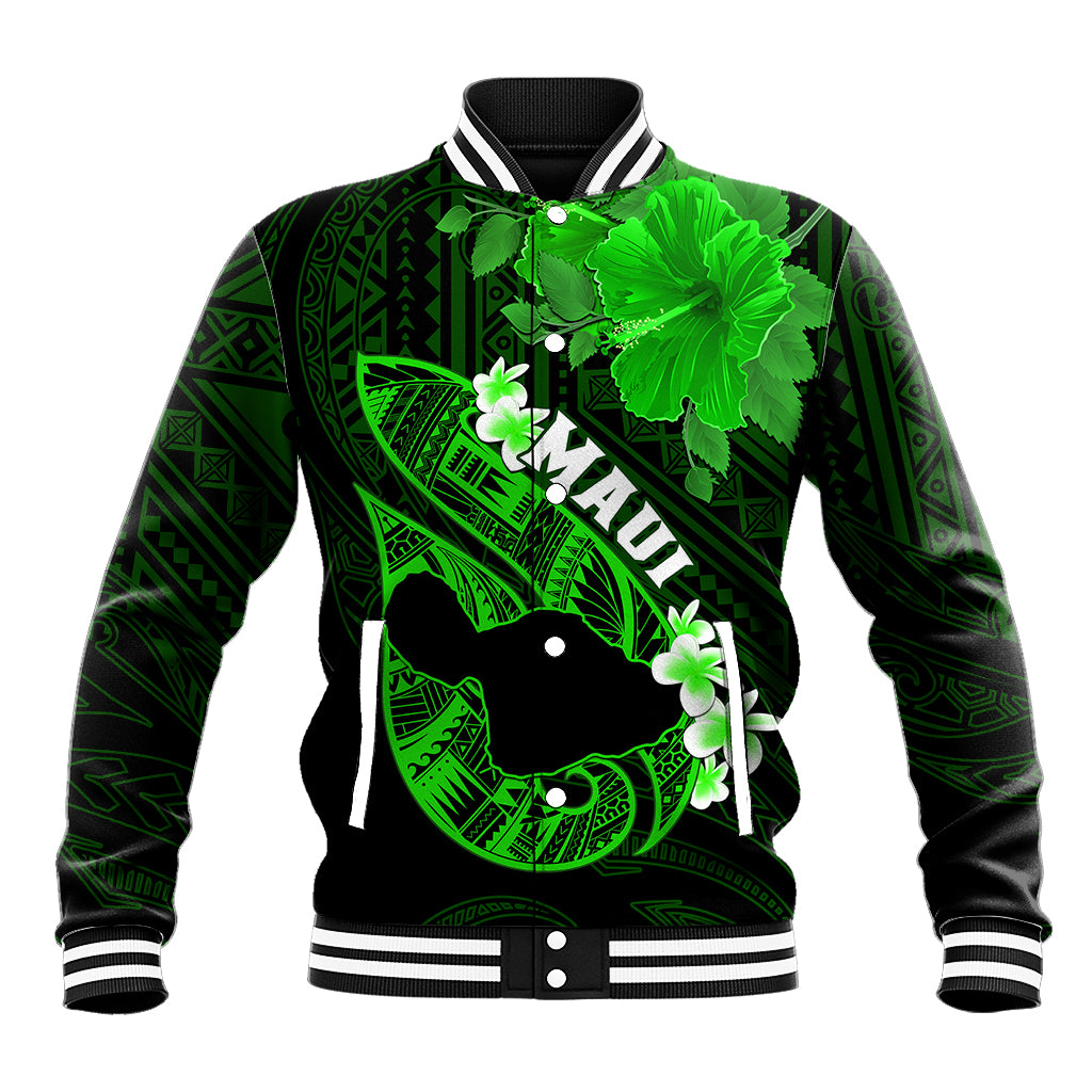 Personalized Hawaii Maui Baseball Jacket Polynesian Fish Hook Hibiscus Green Version LT05 Unisex Green - Polynesian Pride