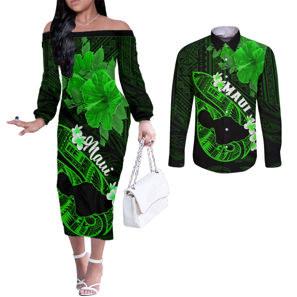 Personalized Hawaii Maui Couples Matching Off The Shoulder Long Sleeve Dress and Long Sleeve Button Shirts Polynesian Fish Hook Hibiscus Green Version LT05 Green - Polynesian Pride