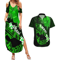 Personalized Hawaii Maui Couples Matching Summer Maxi Dress and Hawaiian Shirt Polynesian Fish Hook Hibiscus Green Version LT05 Green - Polynesian Pride