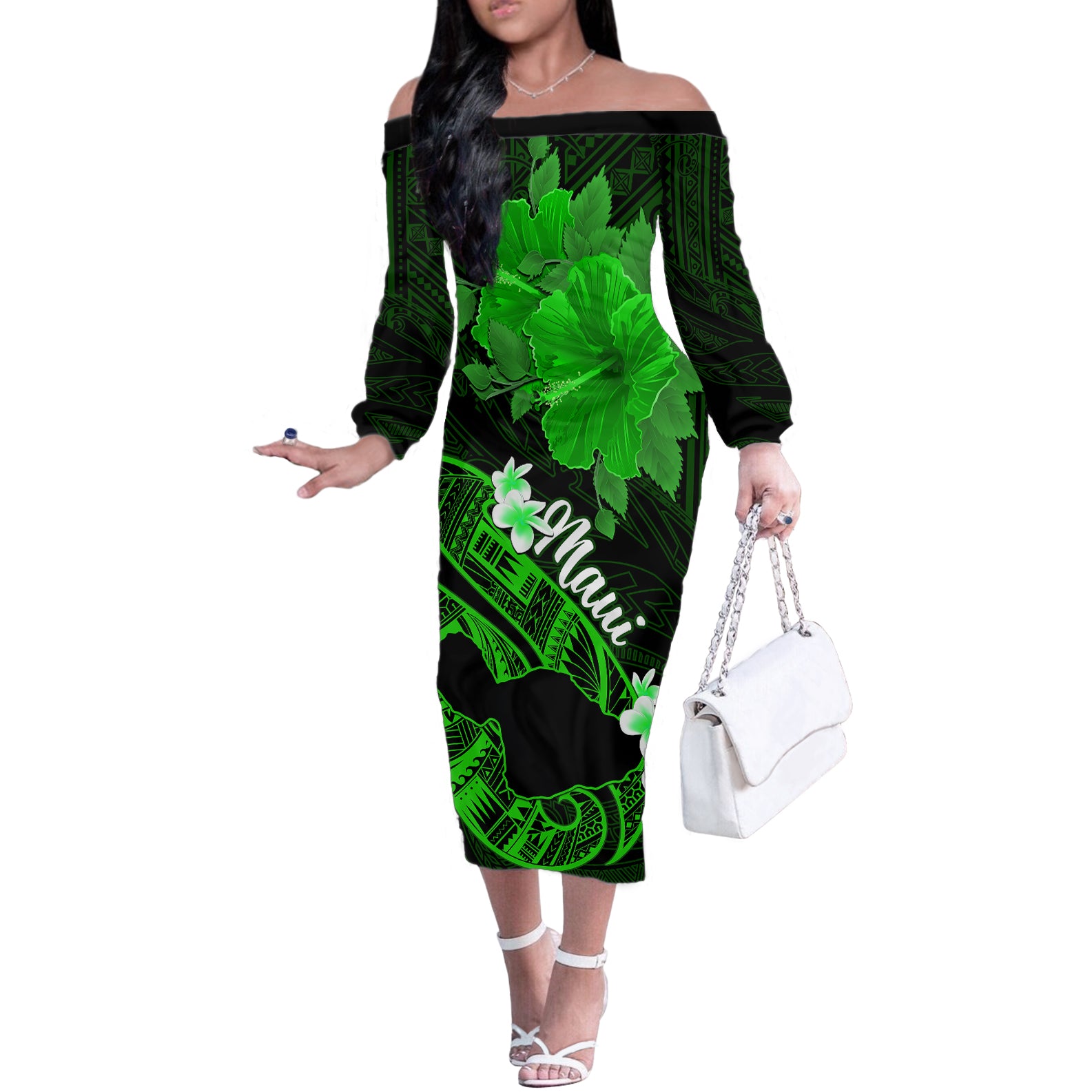 Personalized Hawaii Maui Off The Shoulder Long Sleeve Dress Polynesian Fish Hook Hibiscus Green Version LT05 Women Green - Polynesian Pride