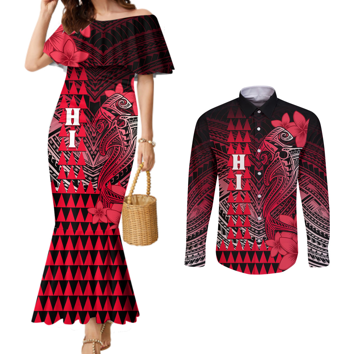 Personalized Hawaii Couples Matching Mermaid Dress and Long Sleeve Button Shirts Hammerhead Shark Kakau Polynesian Tribal Red LT05 Red - Polynesian Pride
