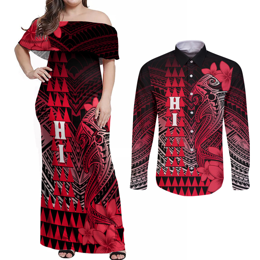 Personalized Hawaii Couples Matching Off Shoulder Maxi Dress and Long Sleeve Button Shirts Hammerhead Shark Kakau Polynesian Tribal Red LT05 Red - Polynesian Pride