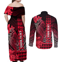 Personalized Hawaii Couples Matching Off Shoulder Maxi Dress and Long Sleeve Button Shirts Hammerhead Shark Kakau Polynesian Tribal Red LT05 - Polynesian Pride