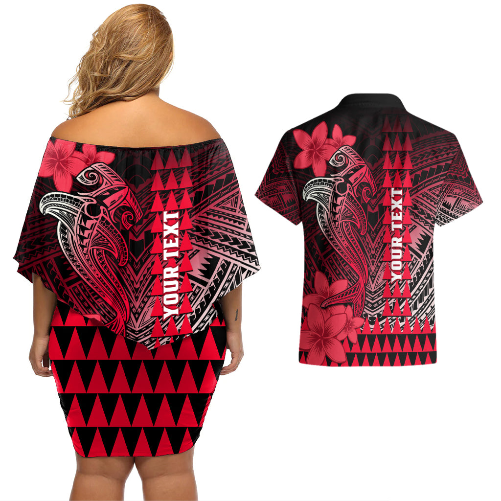 Personalized Hawaii Couples Matching Off Shoulder Short Dress and Hawaiian Shirt Hammerhead Shark Kakau Polynesian Tribal Red LT05 - Polynesian Pride