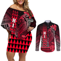 Personalized Hawaii Couples Matching Off Shoulder Short Dress and Long Sleeve Button Shirts Hammerhead Shark Kakau Polynesian Tribal Red LT05 Red - Polynesian Pride