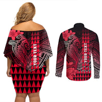 Personalized Hawaii Couples Matching Off Shoulder Short Dress and Long Sleeve Button Shirts Hammerhead Shark Kakau Polynesian Tribal Red LT05 - Polynesian Pride