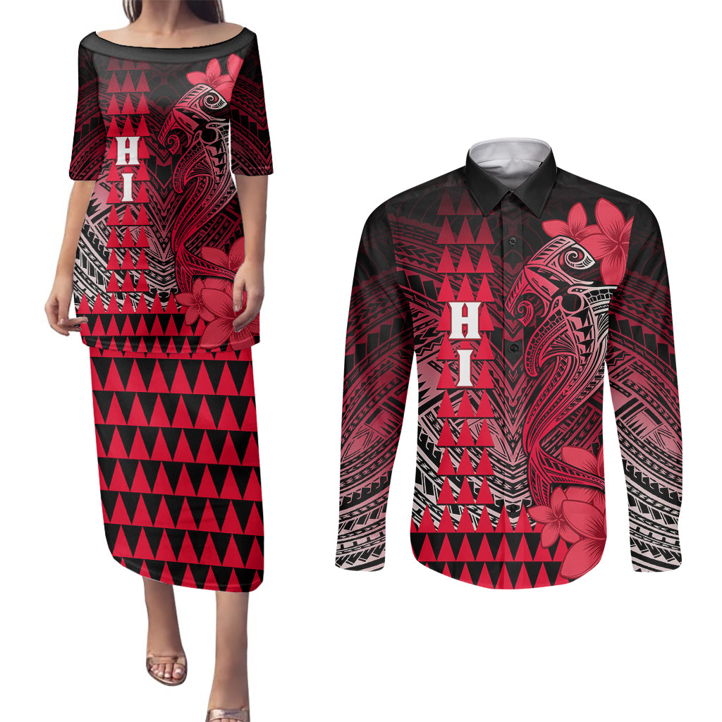 Personalized Hawaii Couples Matching Puletasi Dress and Long Sleeve Button Shirts Hammerhead Shark Kakau Polynesian Tribal Red LT05 Red - Polynesian Pride