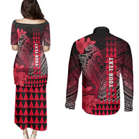 Personalized Hawaii Couples Matching Puletasi Dress and Long Sleeve Button Shirts Hammerhead Shark Kakau Polynesian Tribal Red LT05 - Polynesian Pride
