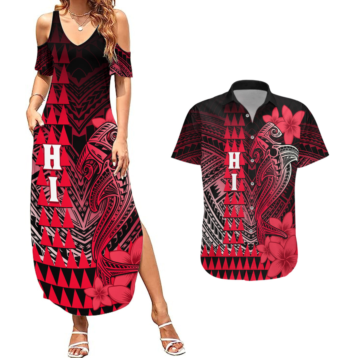 Personalized Hawaii Couples Matching Summer Maxi Dress and Hawaiian Shirt Hammerhead Shark Kakau Polynesian Tribal Red LT05 Red - Polynesian Pride