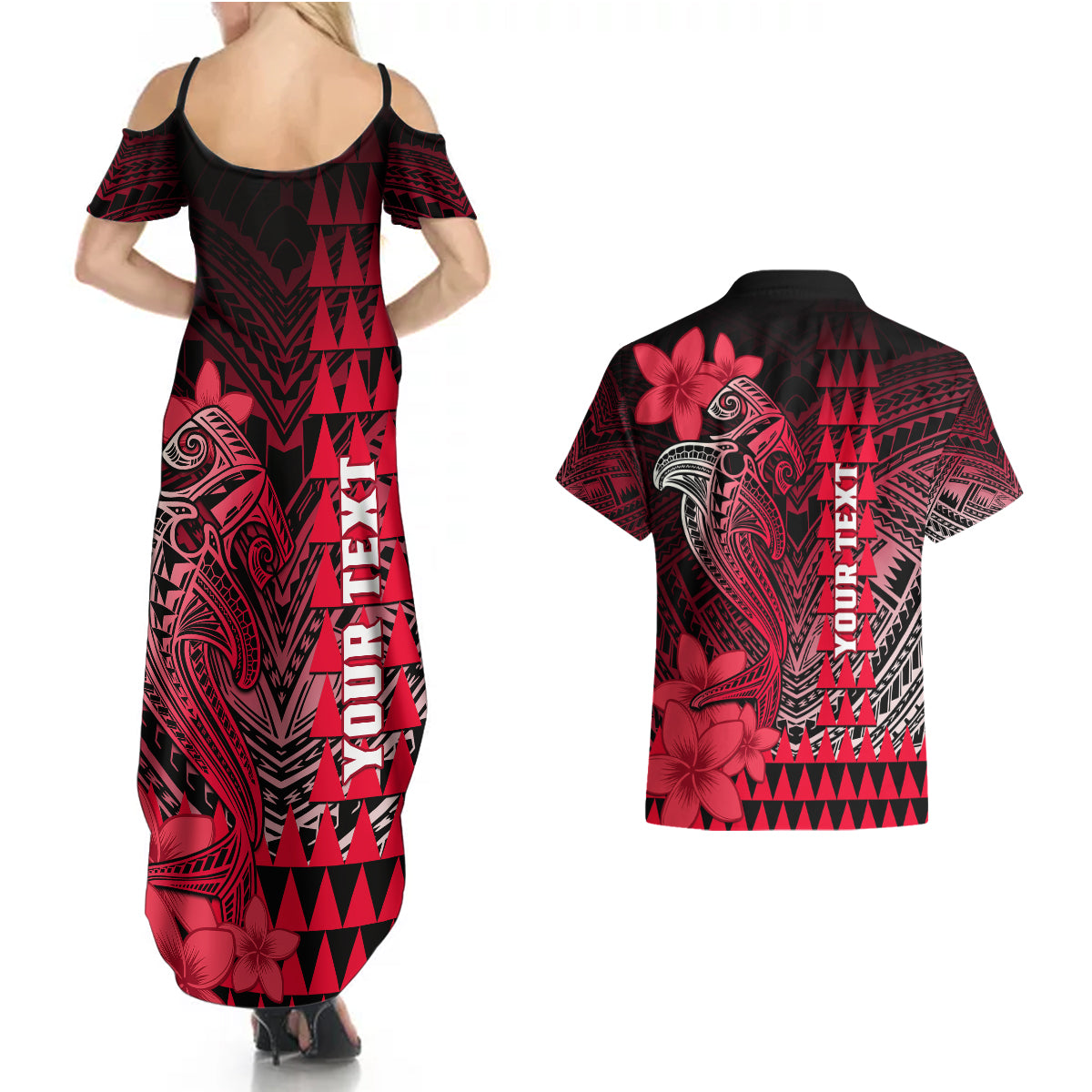 Personalized Hawaii Couples Matching Summer Maxi Dress and Hawaiian Shirt Hammerhead Shark Kakau Polynesian Tribal Red LT05 - Polynesian Pride