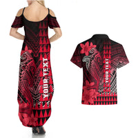 Personalized Hawaii Couples Matching Summer Maxi Dress and Hawaiian Shirt Hammerhead Shark Kakau Polynesian Tribal Red LT05 - Polynesian Pride