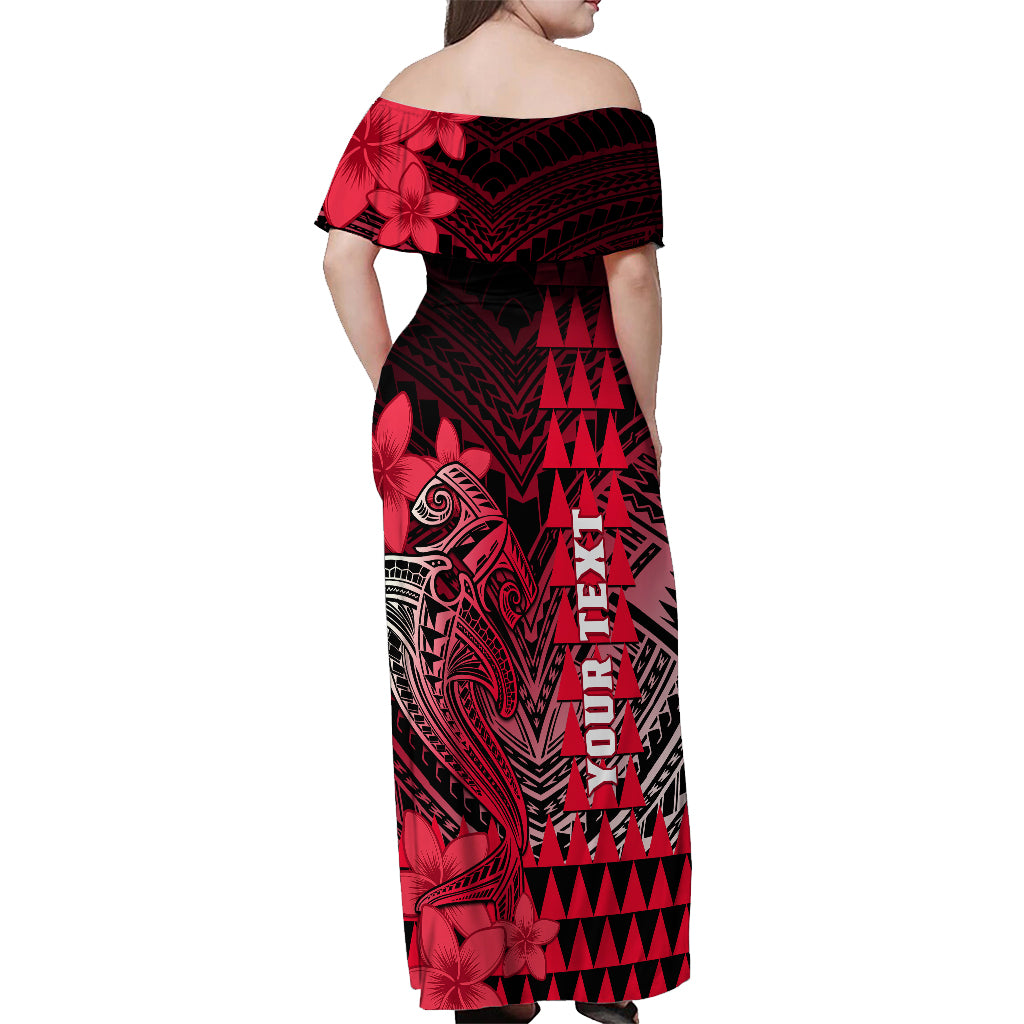 Personalized Hawaii Off Shoulder Maxi Dress Hammerhead Shark Kakau Polynesian Tribal Red LT05 - Polynesian Pride