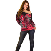 Personalized Hawaii Off Shoulder Sweater Hammerhead Shark Kakau Polynesian Tribal Red LT05 - Polynesian Pride