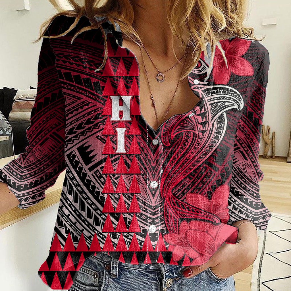 Personalized Hawaii Women Casual Shirt Hammerhead Shark Kakau Polynesian Tribal Red LT05 Female Red - Polynesian Pride