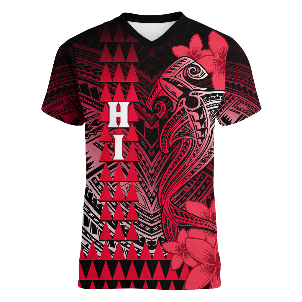 Personalized Hawaii Women V Neck T Shirt Hammerhead Shark Kakau Polynesian Tribal Red LT05 Female Red - Polynesian Pride