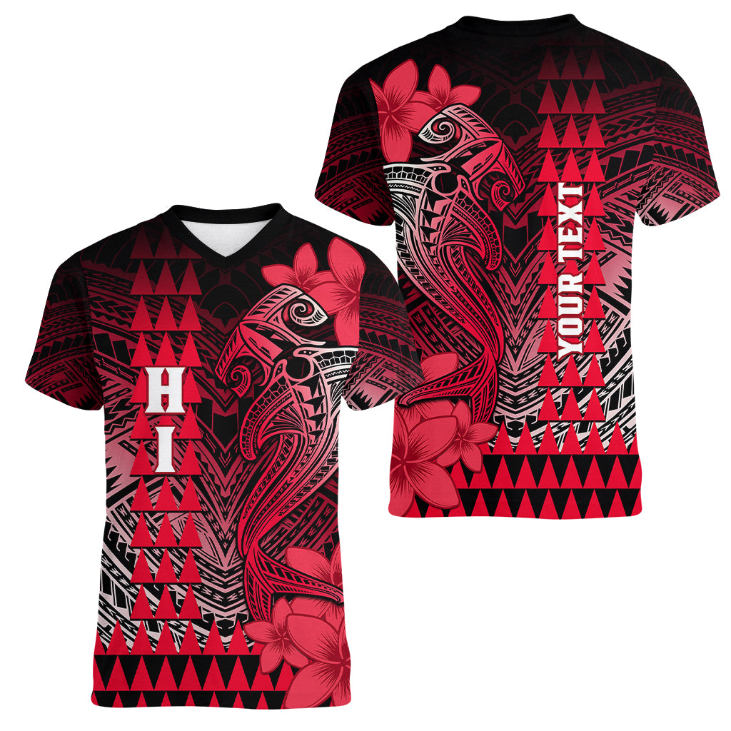 Personalized Hawaii Women V Neck T Shirt Hammerhead Shark Kakau Polynesian Tribal Red LT05 - Polynesian Pride