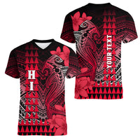 Personalized Hawaii Women V Neck T Shirt Hammerhead Shark Kakau Polynesian Tribal Red LT05 - Polynesian Pride