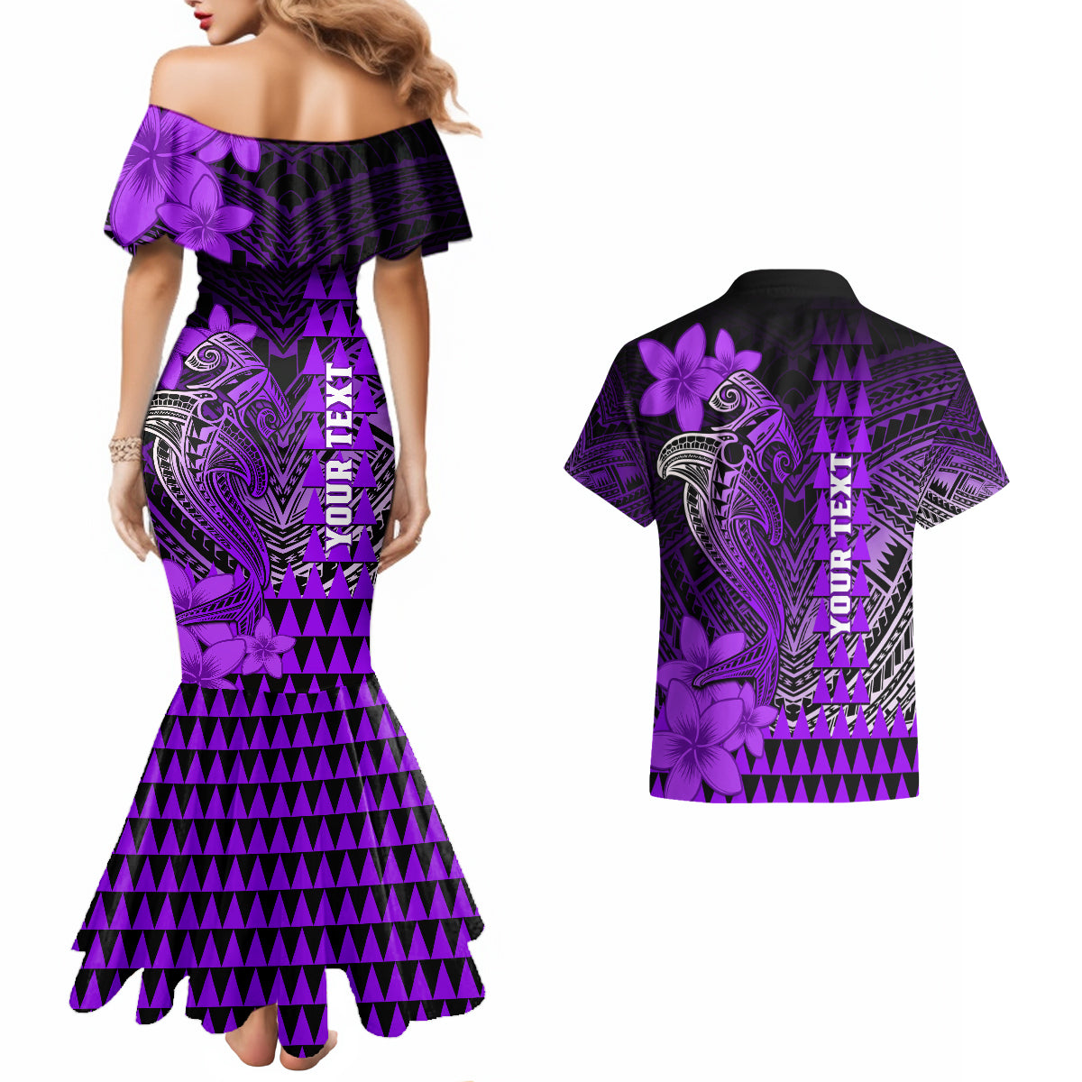 Personalized Hawaii Couples Matching Mermaid Dress and Hawaiian Shirt Hammerhead Shark Kakau Polynesian Tribal Purple LT05 - Polynesian Pride