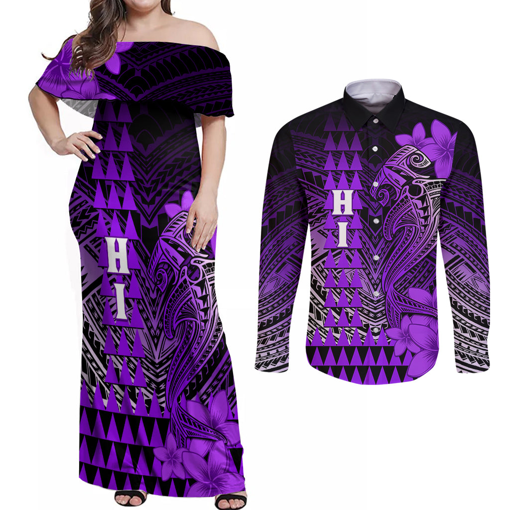 Personalized Hawaii Couples Matching Off Shoulder Maxi Dress and Long Sleeve Button Shirts Hammerhead Shark Kakau Polynesian Tribal Purple LT05 Purple - Polynesian Pride