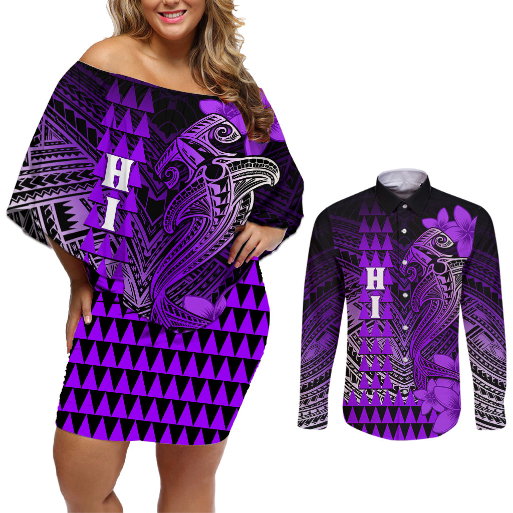 Personalized Hawaii Couples Matching Off Shoulder Short Dress and Long Sleeve Button Shirts Hammerhead Shark Kakau Polynesian Tribal Purple LT05 Purple - Polynesian Pride