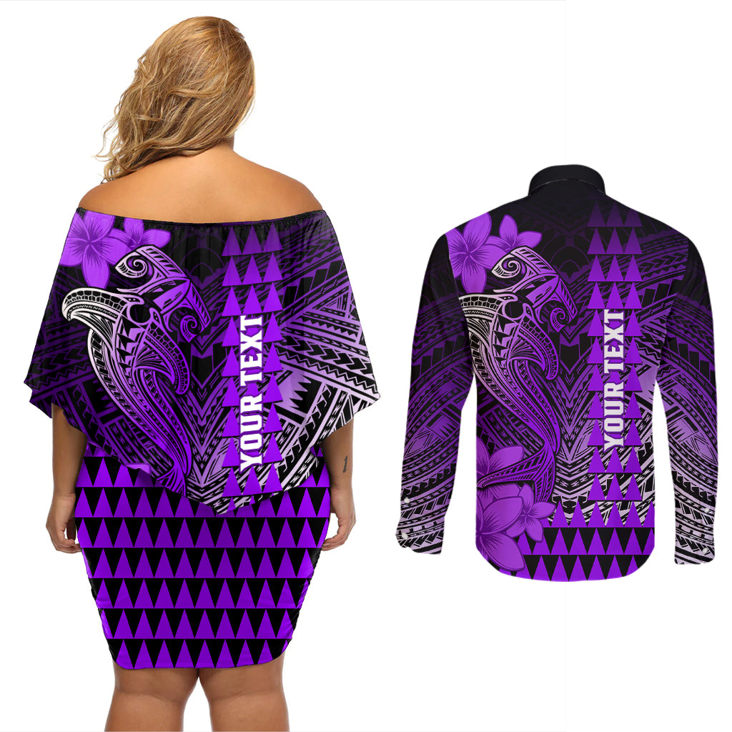 Personalized Hawaii Couples Matching Off Shoulder Short Dress and Long Sleeve Button Shirts Hammerhead Shark Kakau Polynesian Tribal Purple LT05 - Polynesian Pride