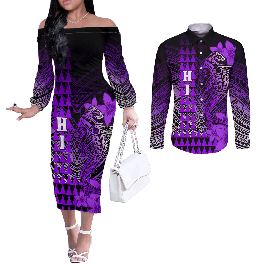 Personalized Hawaii Couples Matching Off The Shoulder Long Sleeve Dress and Long Sleeve Button Shirts Hammerhead Shark Kakau Polynesian Tribal Purple LT05 Purple - Polynesian Pride