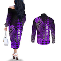 Personalized Hawaii Couples Matching Off The Shoulder Long Sleeve Dress and Long Sleeve Button Shirts Hammerhead Shark Kakau Polynesian Tribal Purple LT05 - Polynesian Pride