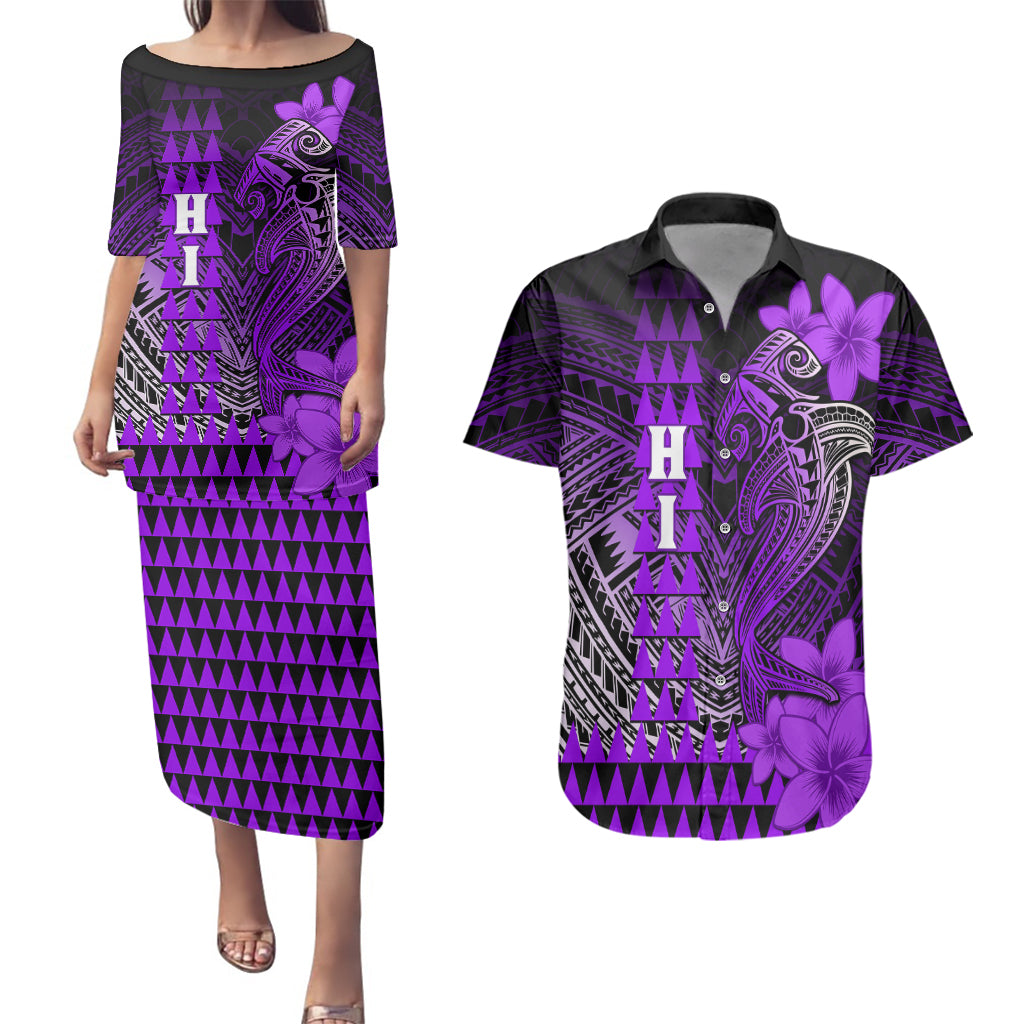 Personalized Hawaii Couples Matching Puletasi Dress and Hawaiian Shirt Hammerhead Shark Kakau Polynesian Tribal Purple LT05 Purple - Polynesian Pride