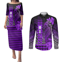 Personalized Hawaii Couples Matching Puletasi Dress and Long Sleeve Button Shirts Hammerhead Shark Kakau Polynesian Tribal Purple LT05 Purple - Polynesian Pride