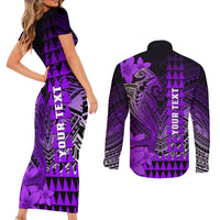 Personalized Hawaii Couples Matching Short Sleeve Bodycon Dress and Long Sleeve Button Shirts Hammerhead Shark Kakau Polynesian Tribal Purple LT05 - Polynesian Pride