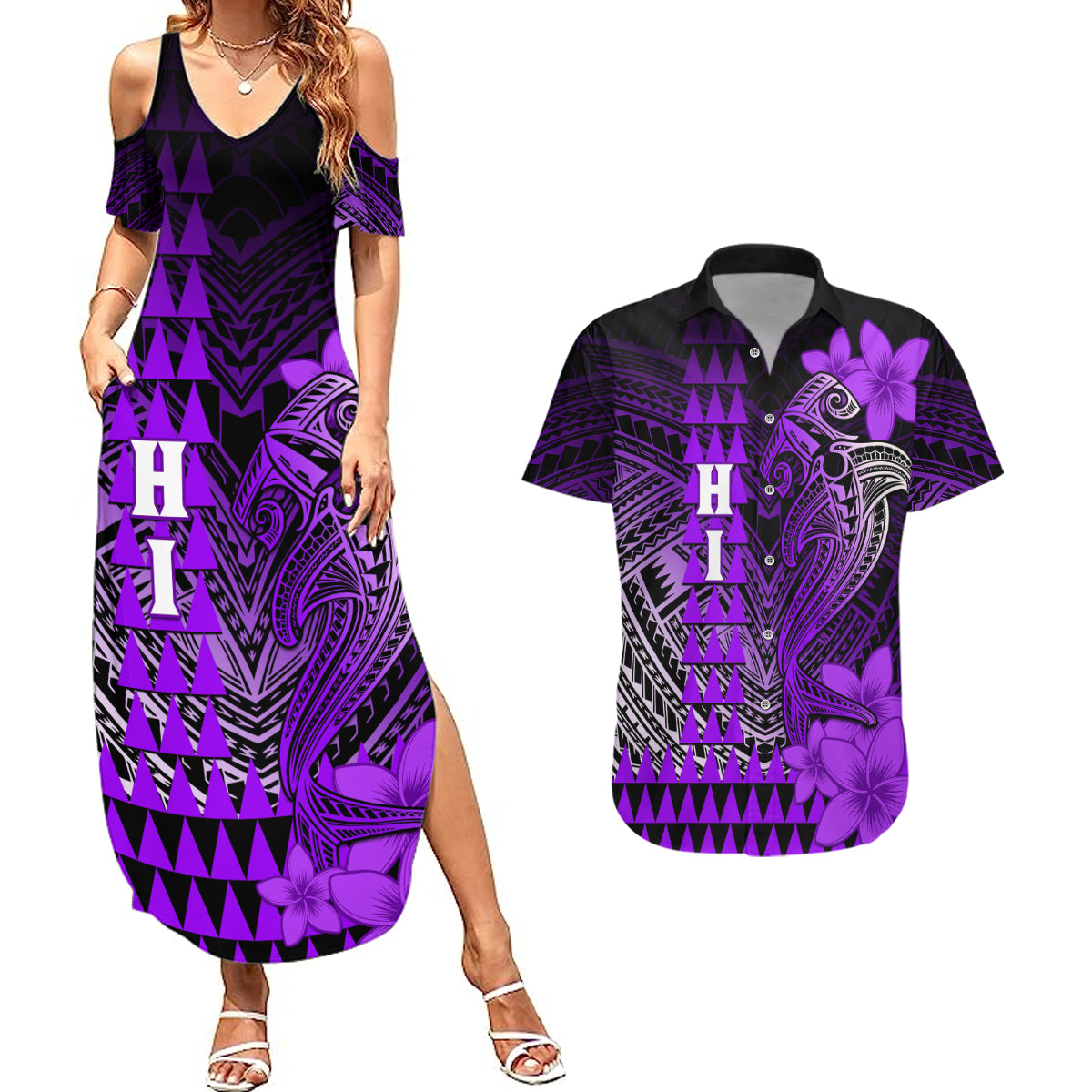 Personalized Hawaii Couples Matching Summer Maxi Dress and Hawaiian Shirt Hammerhead Shark Kakau Polynesian Tribal Purple LT05 Purple - Polynesian Pride