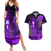 Personalized Hawaii Couples Matching Summer Maxi Dress and Hawaiian Shirt Hammerhead Shark Kakau Polynesian Tribal Purple LT05 Purple - Polynesian Pride