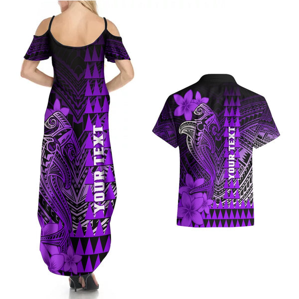 Personalized Hawaii Couples Matching Off The Shoulder Long Sleeve Dress and Hawaiian Shirt Hammerhead Shark Kakau Polynesian Tribal Red LT05 main image 1